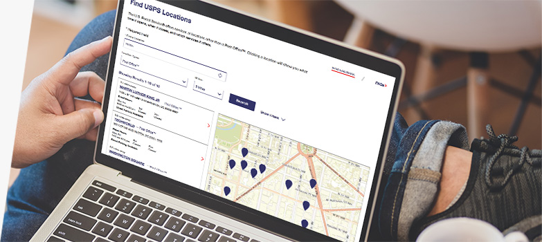 A person using the USPS Location Finder tool on a laptop to view a map of nearby Post Office locations.